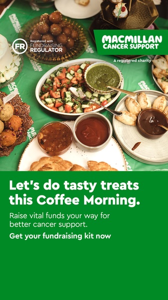 charity fundraising event, coffee morning event, fundraising campaign, charity event promotion, cancer support fundraiser, community fundraising, brand awareness, loyalty reward, flat lay, lifestyle, warm, trustworthy, green, brown, neutral